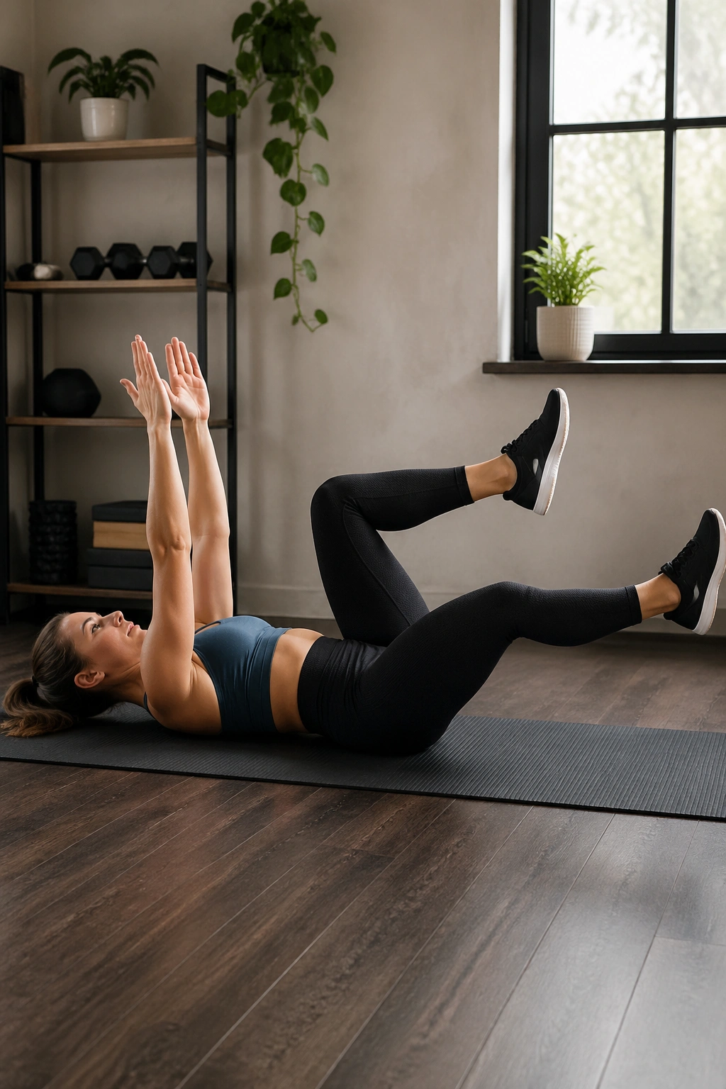 Person performing dead bug with opposite arm and leg movement