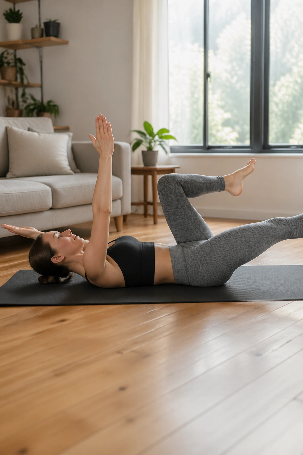 Medium close-up of a woman performing the Dead Bug core exercise on a mat