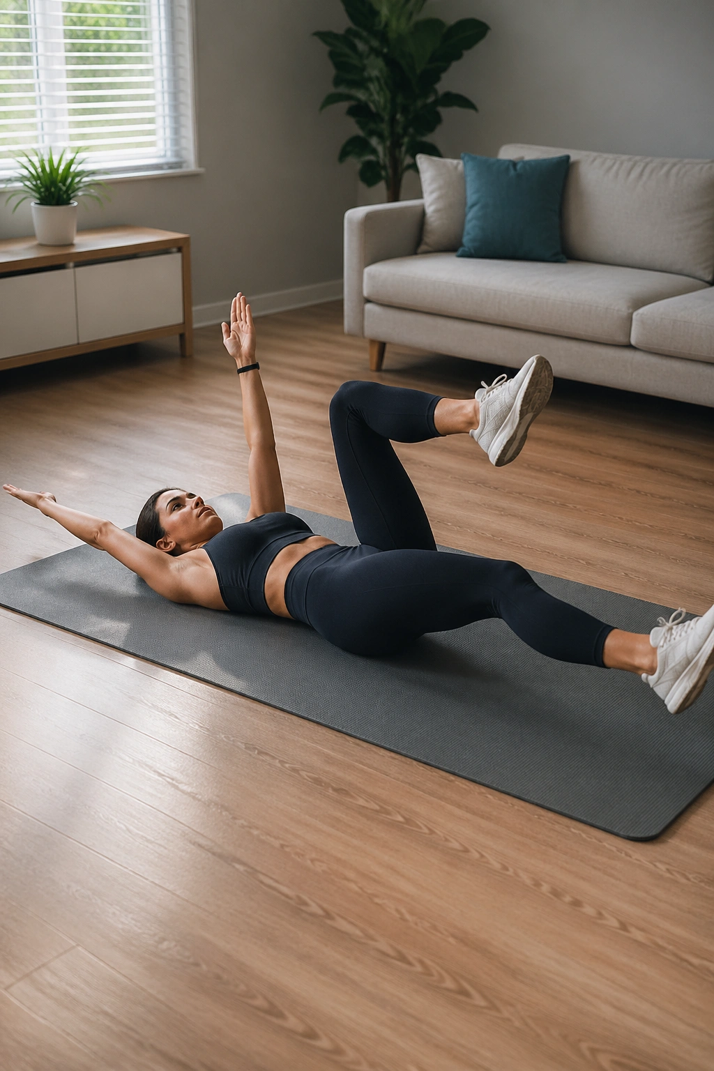 Person on back performing dead bug slow leg drops with controlled core engagement.