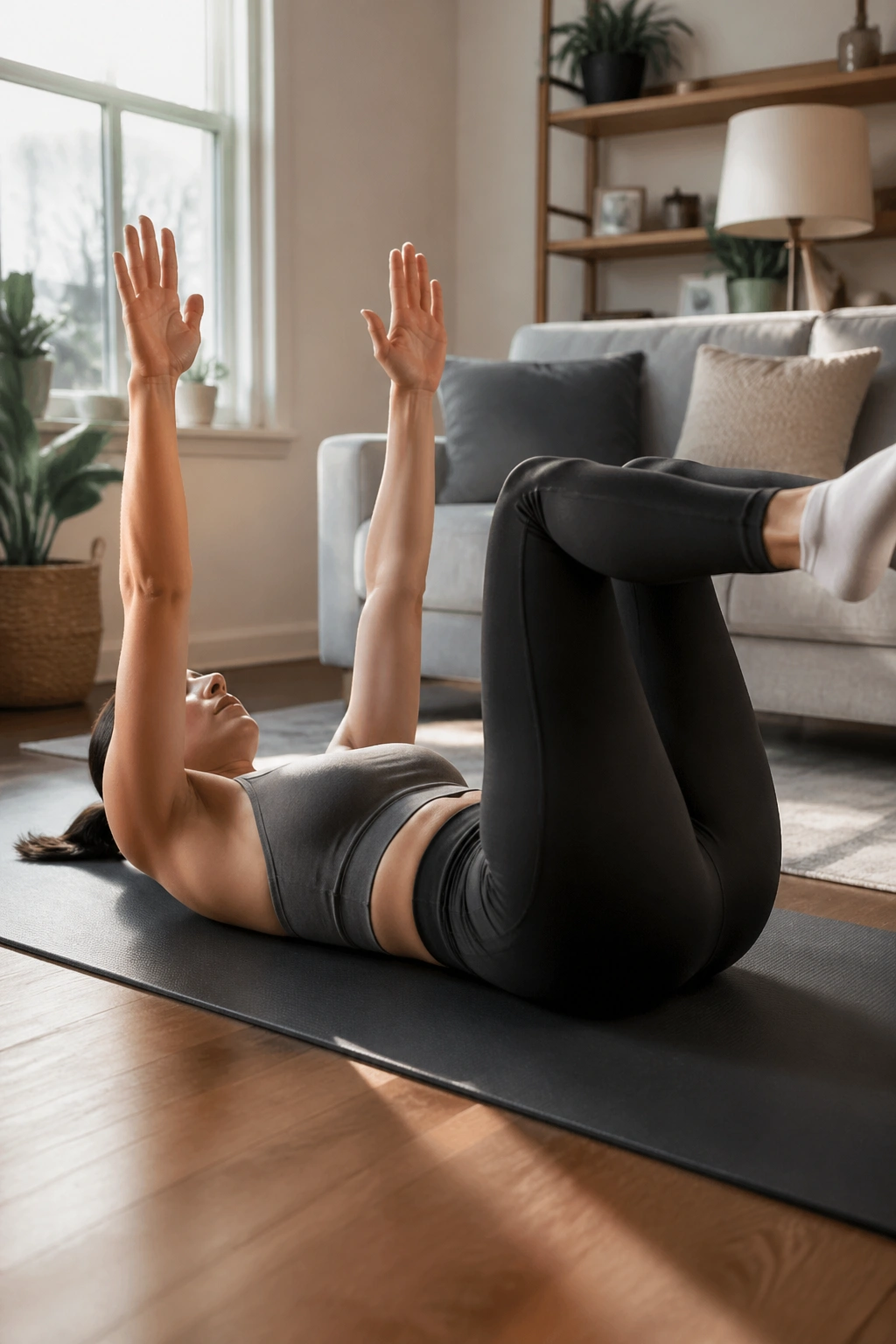 Medium-close portrait of a woman performing a dead bug hold on a yoga mat in a sunlit living room