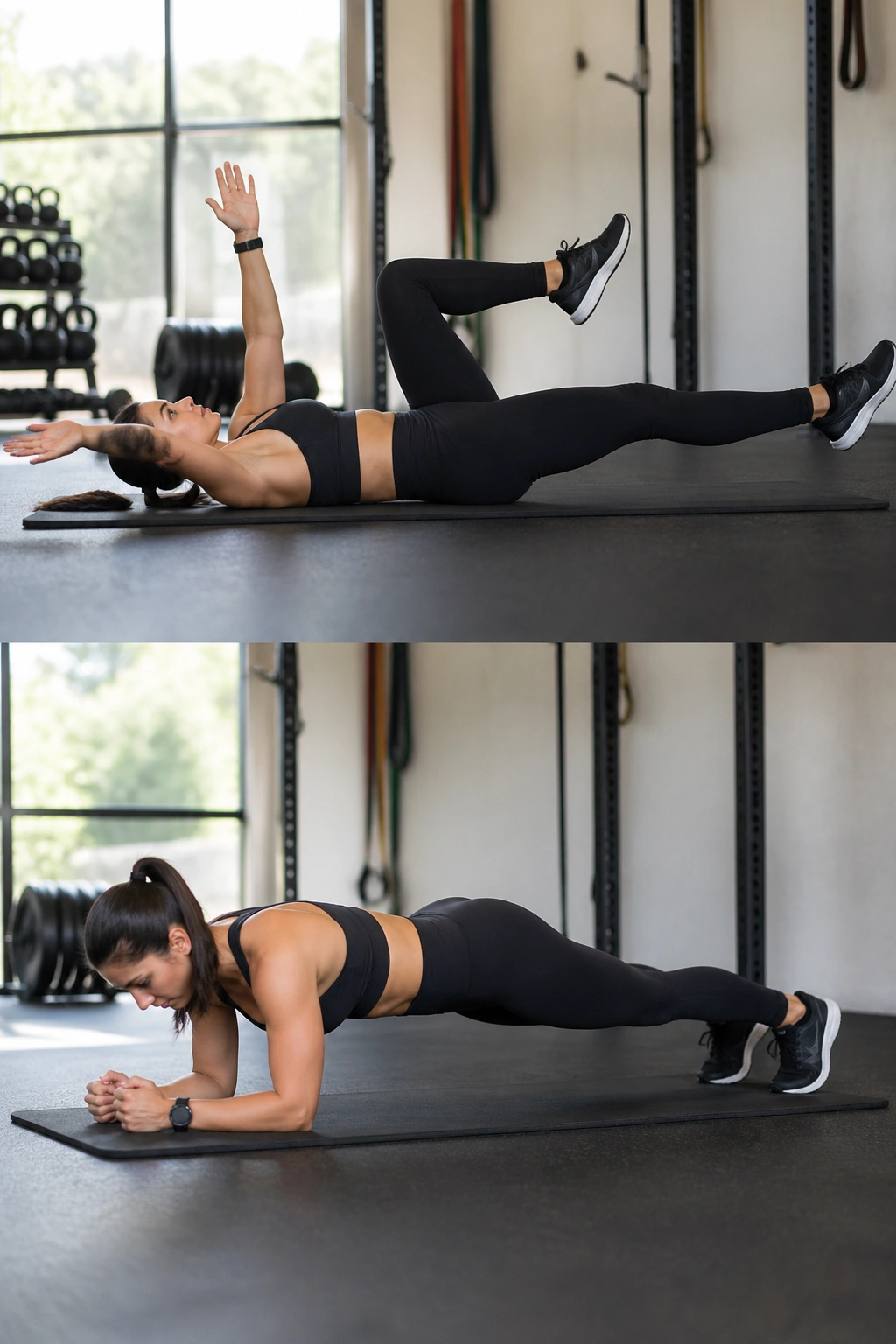 Mid-shot of person doing dead bug and plank flow on a mat