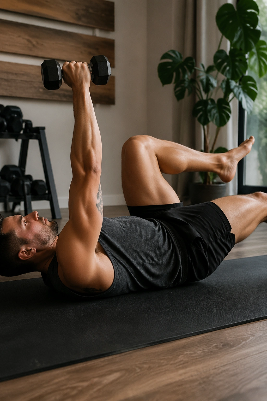 Real person performing the dumbbell dead bug press on a mat