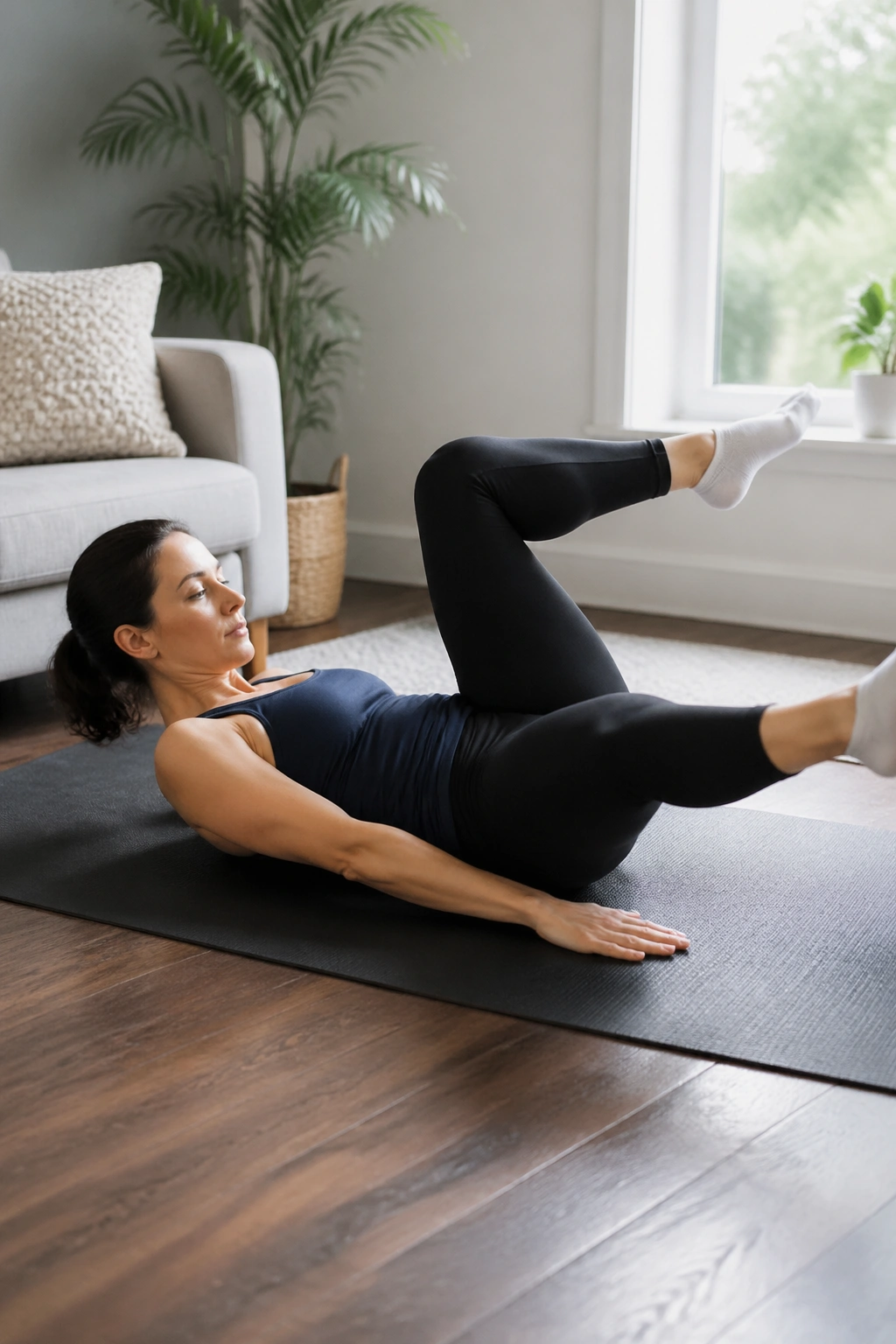 Person on mat performing dead bug regressions with heel taps