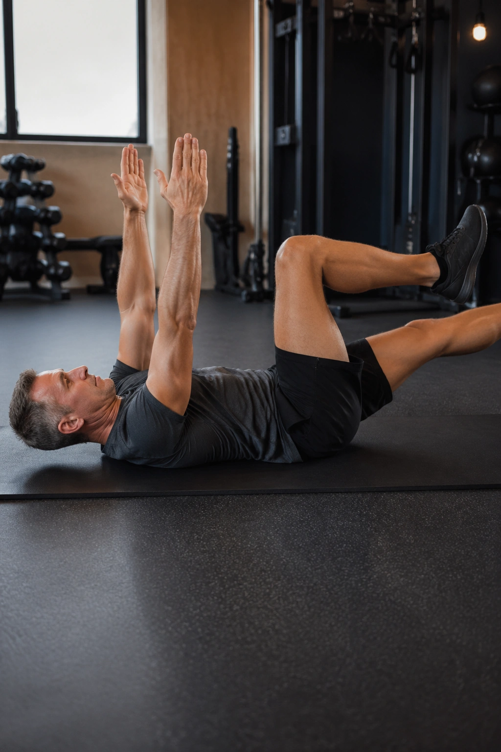 Close-up of a person performing dead bugs on a gym mat, focusing on torso and limbs