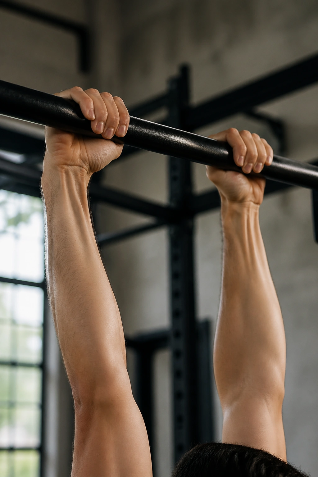 Close-up of hands gripping a pull-up bar in a dead hang with shoulders relaxed