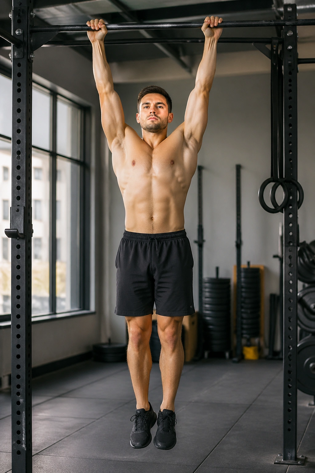 Person performing a dead hang on a pull-up bar for lat and shoulder relief