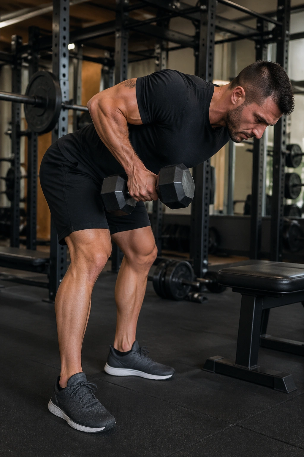 Bent-over dead-stop dumbbell row with pause