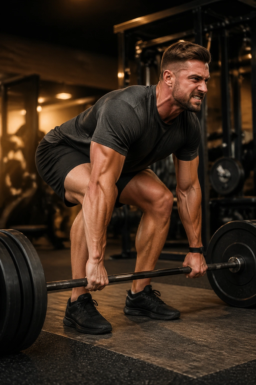 Lifter performing a deadlift in a gym emphasizing form and grip