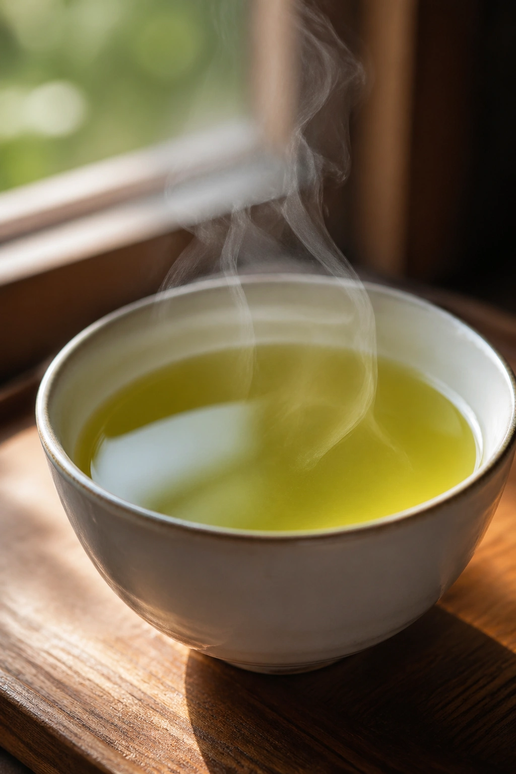 Close-up of a cup of decaf green tea with steam in a warm setting.