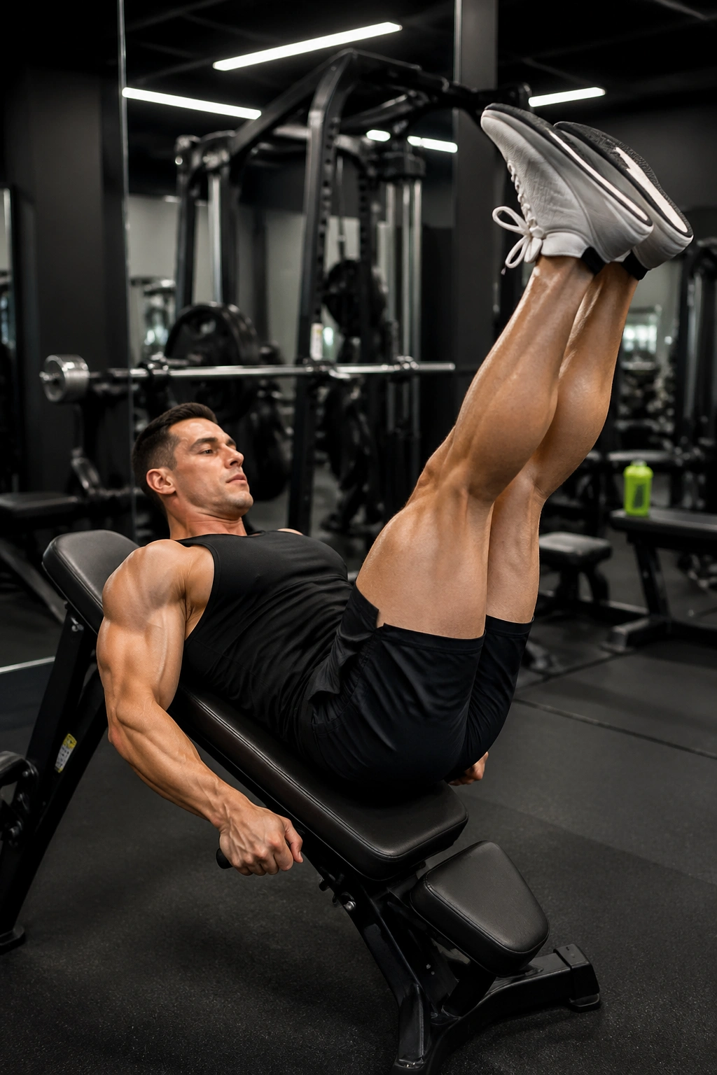 Person performing decline bench leg raise on a decline bench
