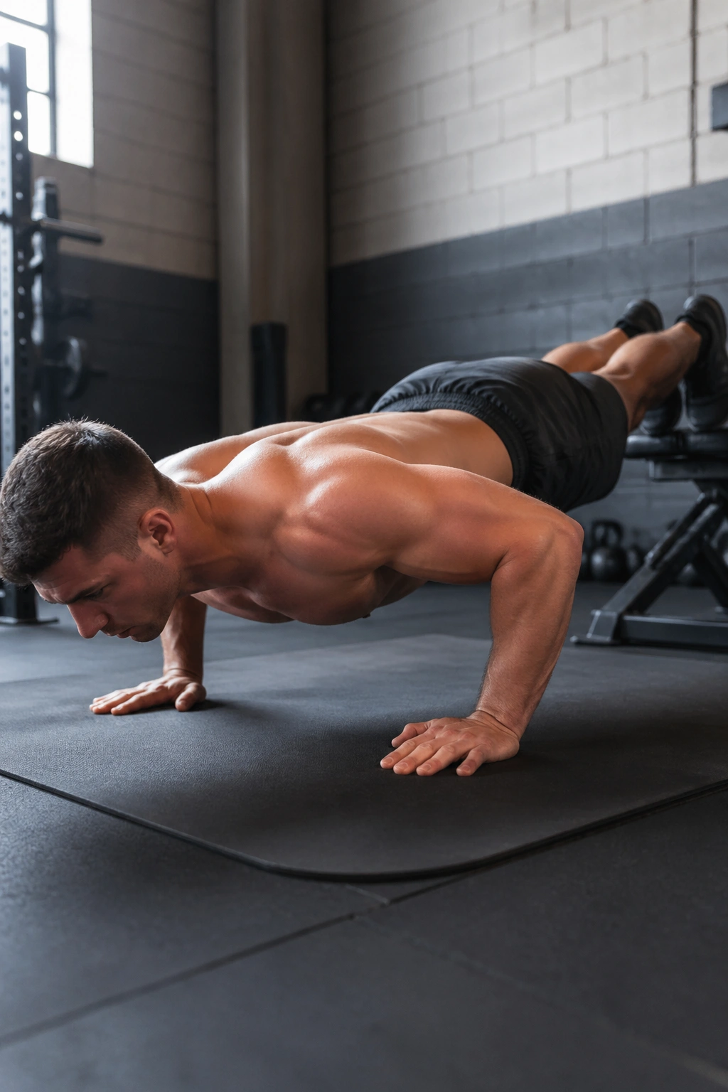 Side-profile close-up of athlete doing decline push-up with elevated feet