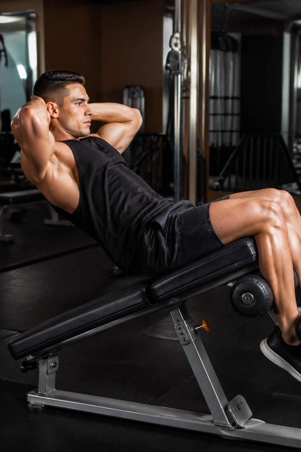 Close-up of person performing decline bench sit-up with torso lifting on a decline bench