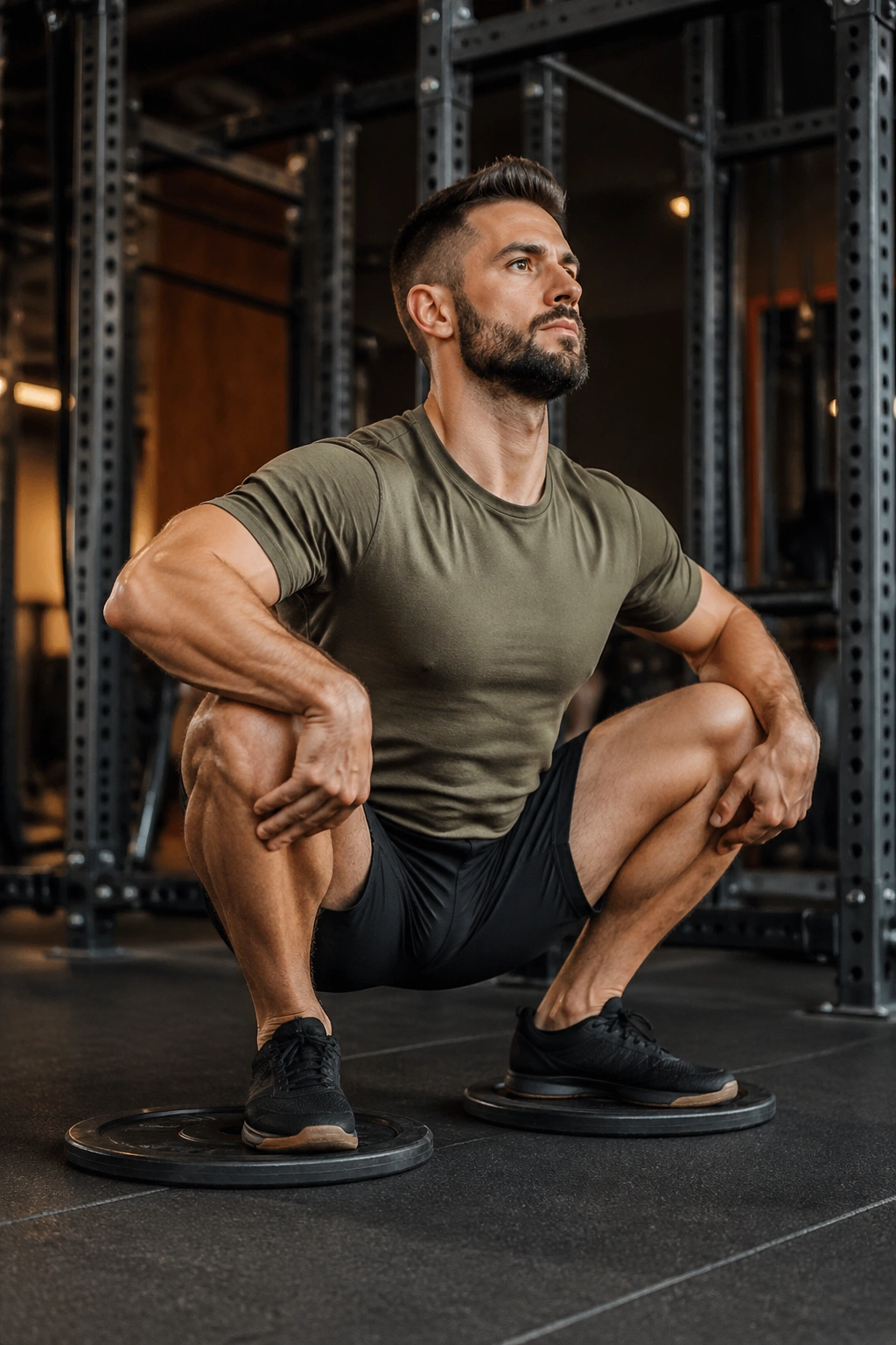 Lifter in deep squat pry to open hips and ankles