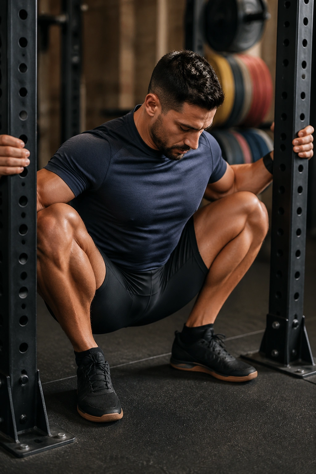 Close-up of deep squat pry showing elbows on knees in a gym
