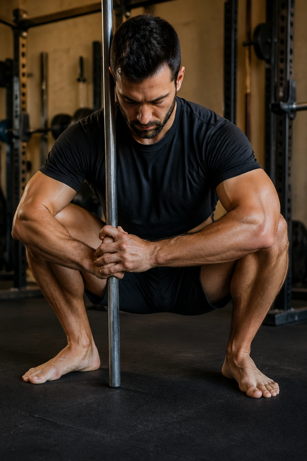 Person in a deep squat pry hold with knees pressed apart