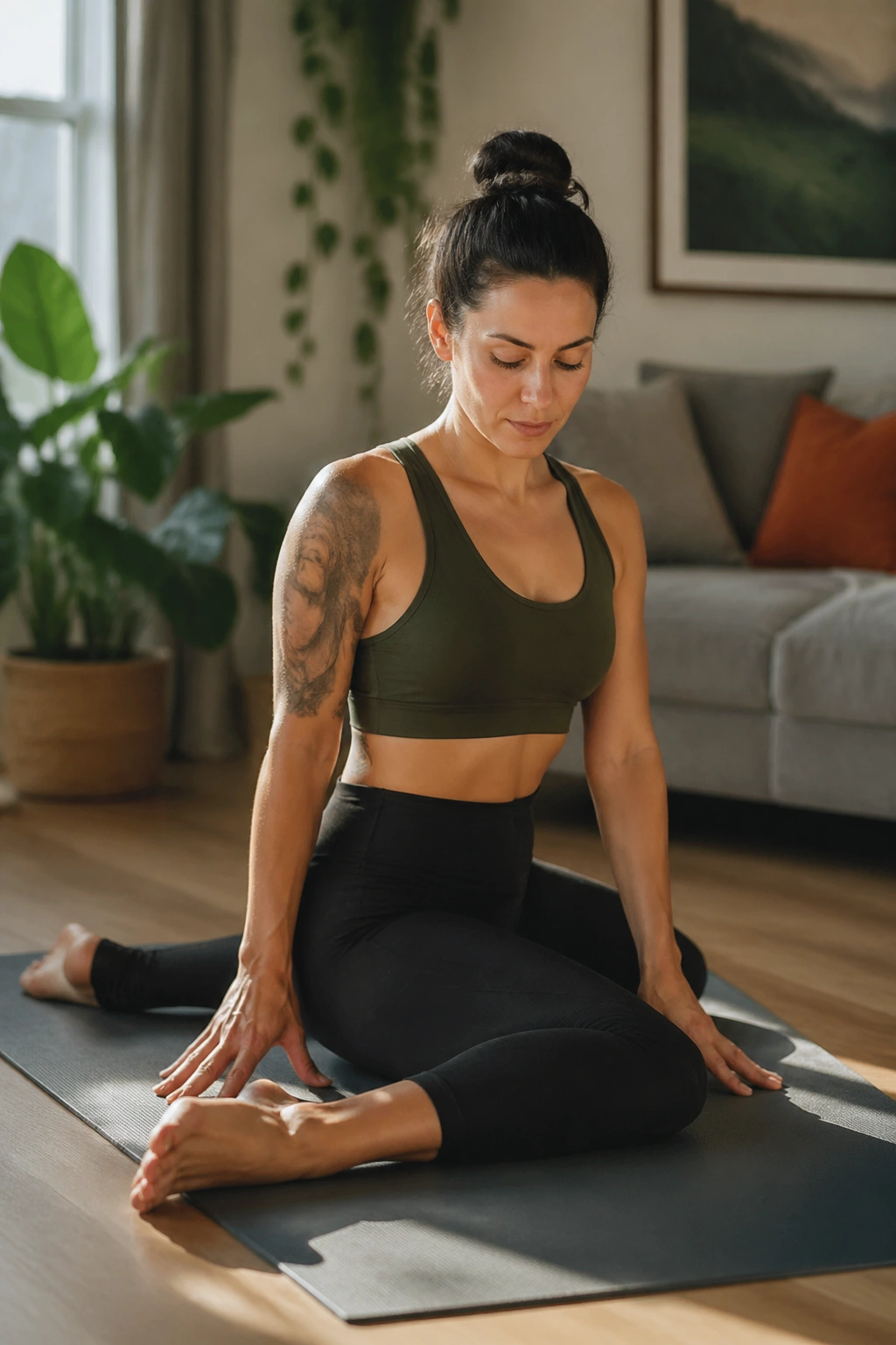 Medium close-up of Deer Pose showing asymmetrical hip stretch in a quiet room