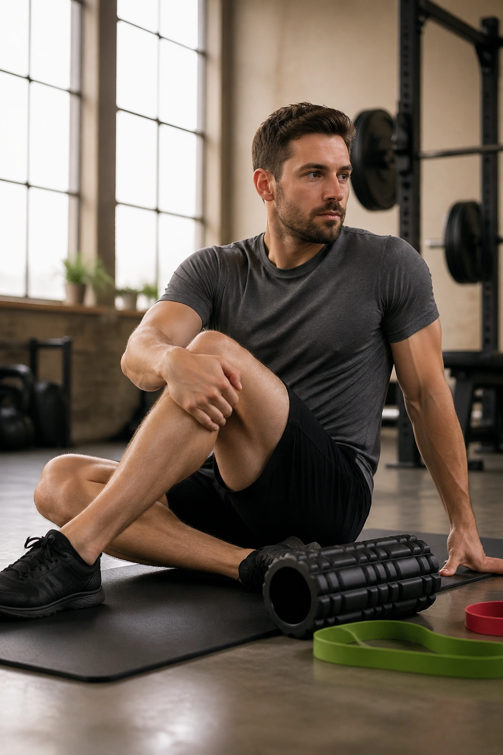 Lifter doing mobility work with foam roller during a deload