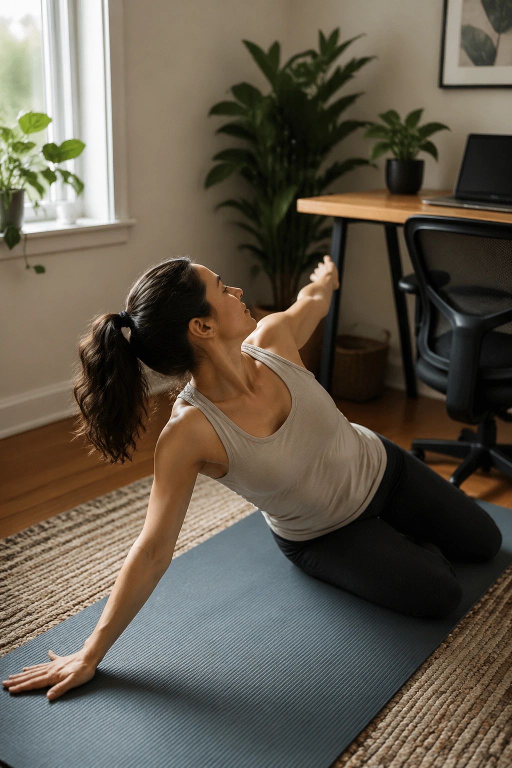Medium close-up of a person performing desk-based rotation near a desk at home