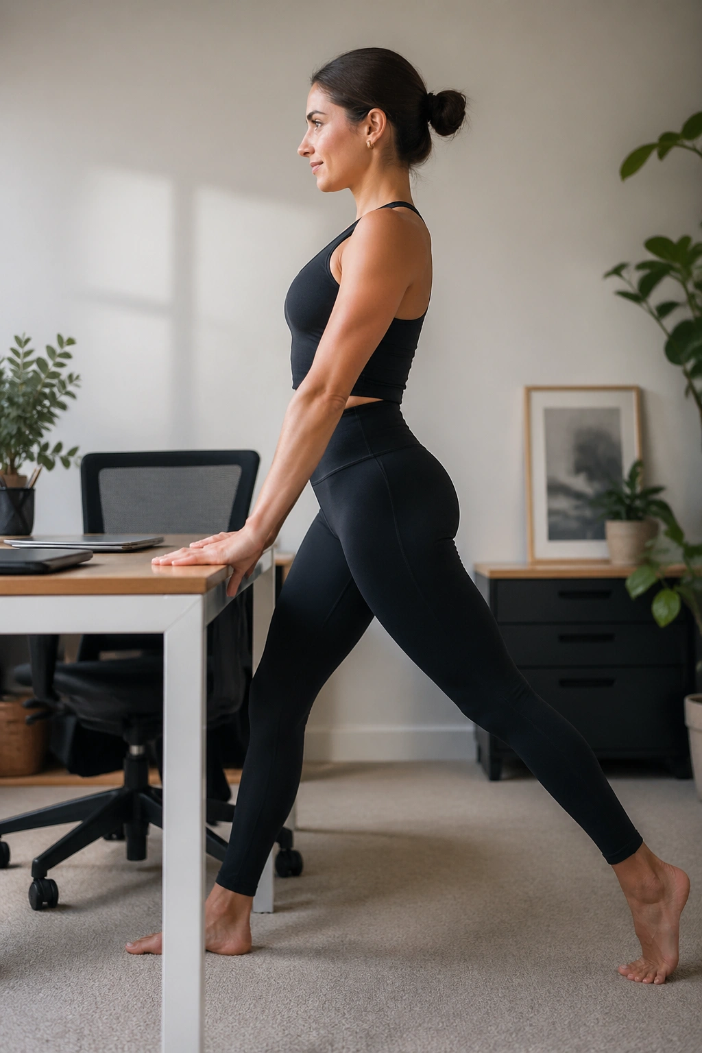 Medium close-up of a person performing pelvic tucks at a desk in a home office
