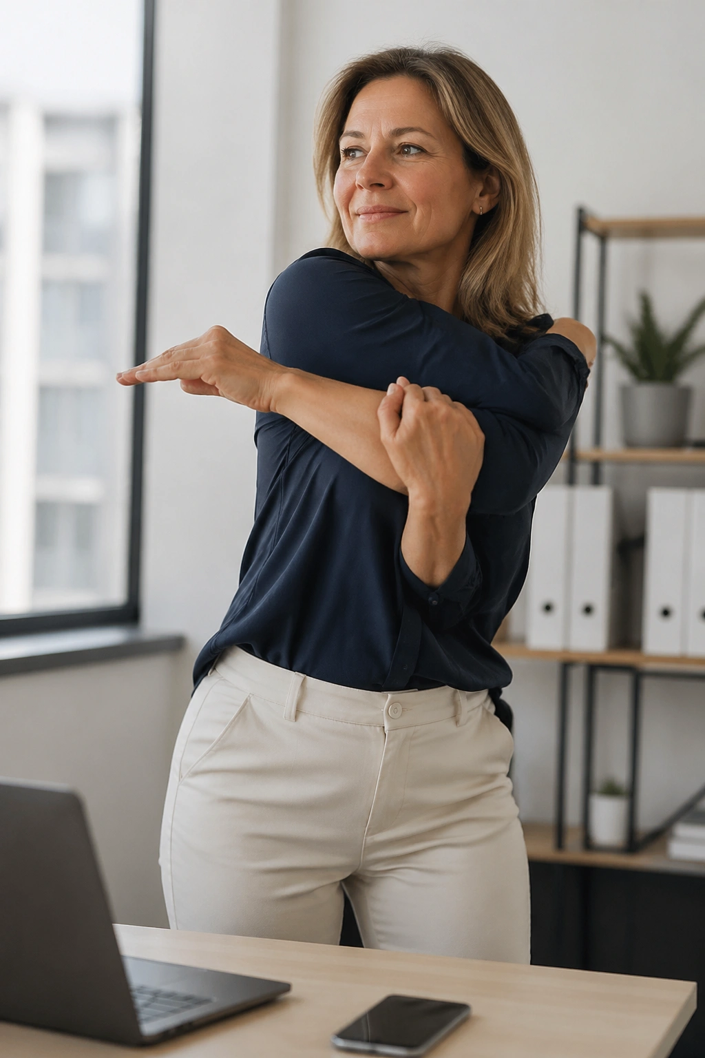Woman at desk performing a quick break stretch