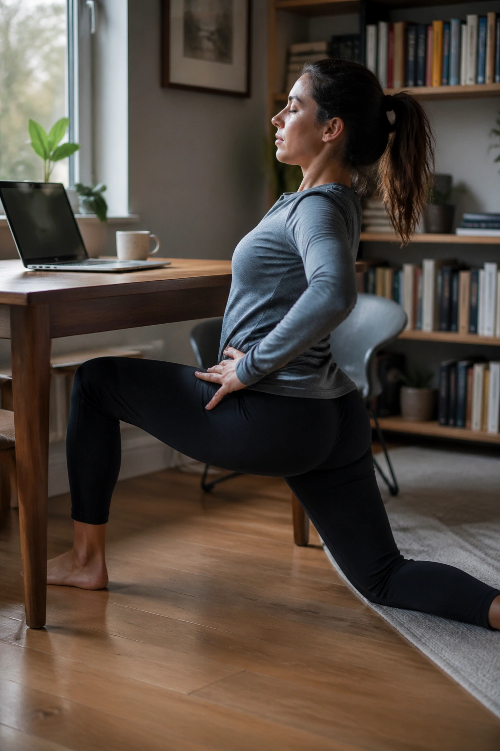 Close-up of a person performing hip flexor stretch beside a desk in a home office