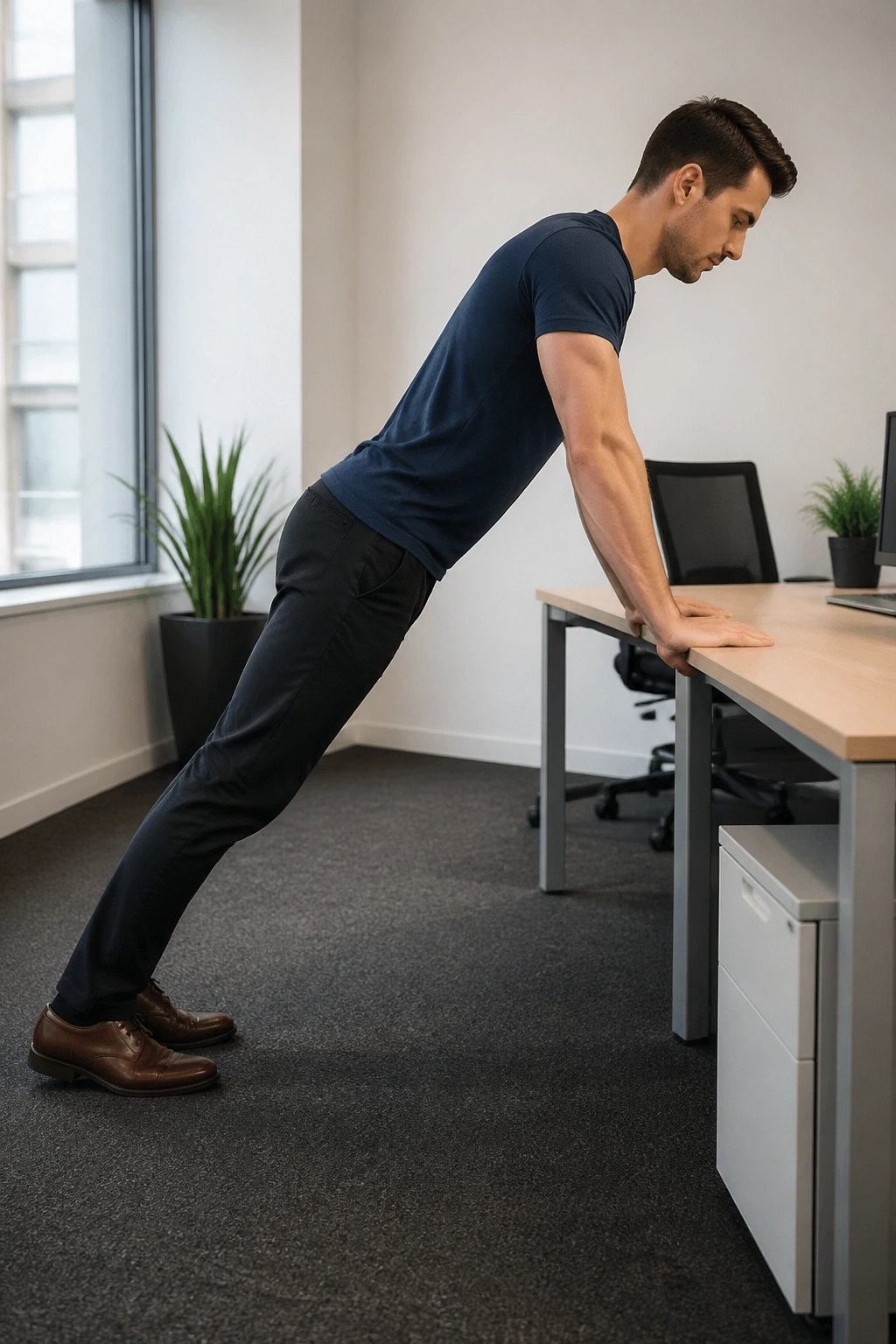 Real person in incline desk plank position in an office