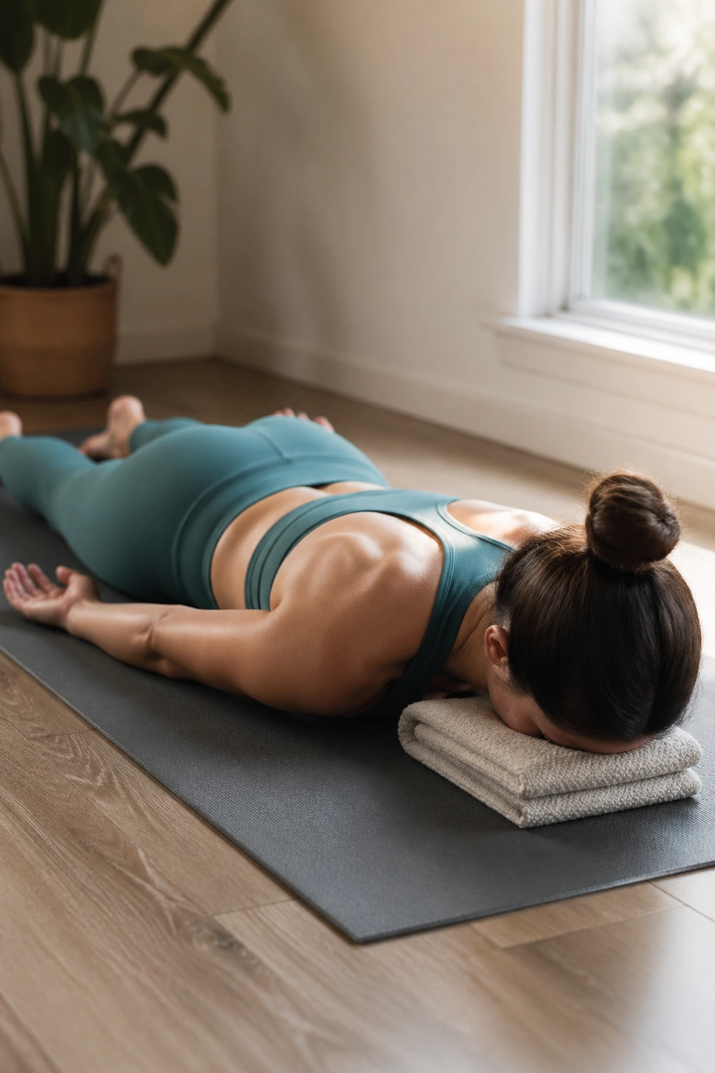 Close-up of scapular slides on a home mat during posture reset