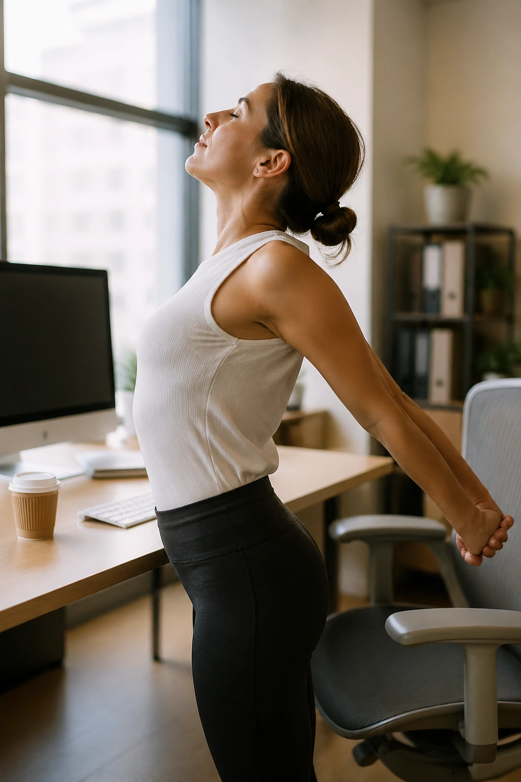 Person at desk performing thoracic extension and chest opener