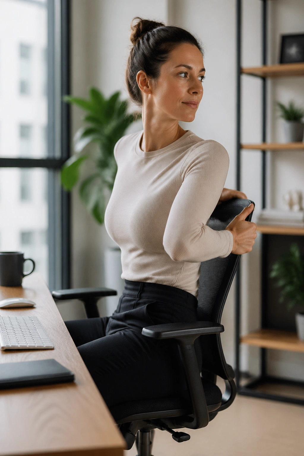 Medium close-up of a person at a desk performing a thoracic rotation to reset posture