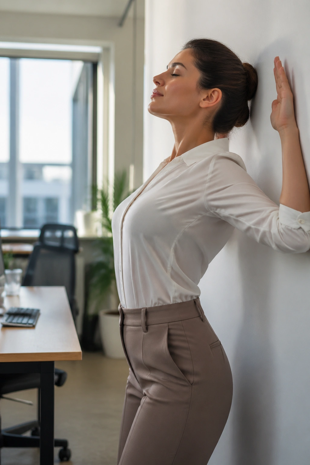 Medium close-up of a woman in office attire performing thoracic extension in a modern workspace.