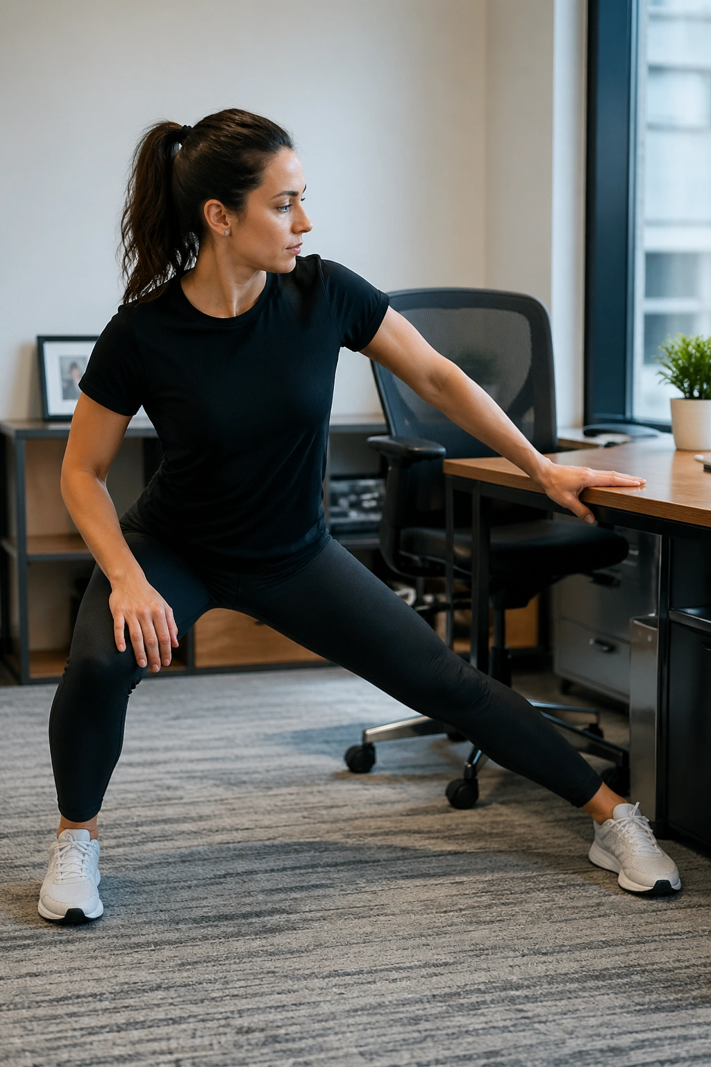 Person doing desk-side side lunges next to a desk