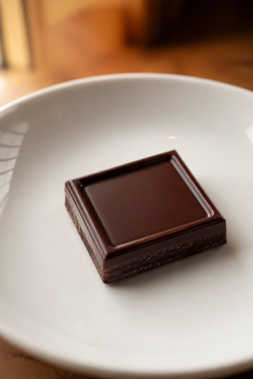 Close-up single square of dark chocolate on a plate