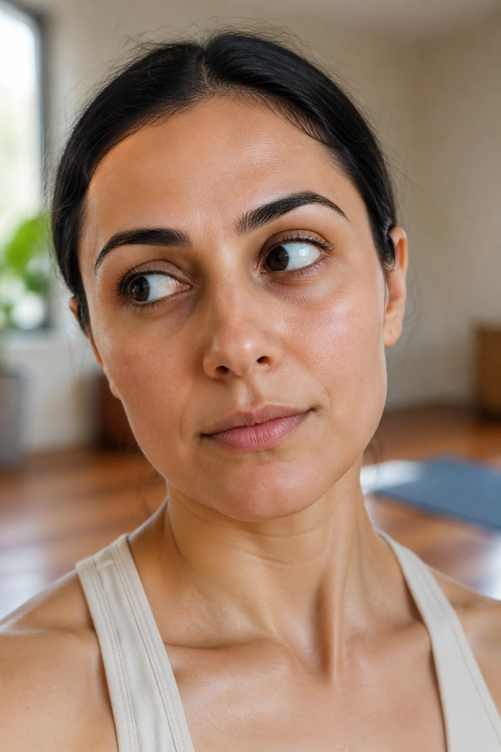 Close-up of a real person performing diagonal eye movements with natural window light