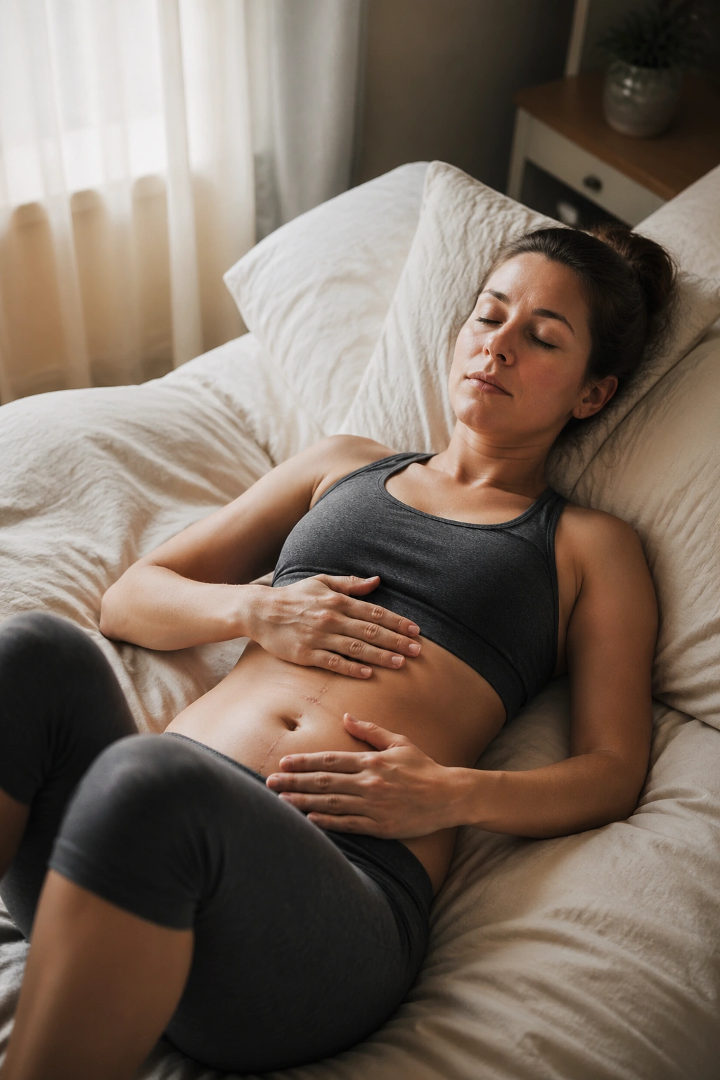 Close-up of a real woman practicing diaphragmatic breathing on her back