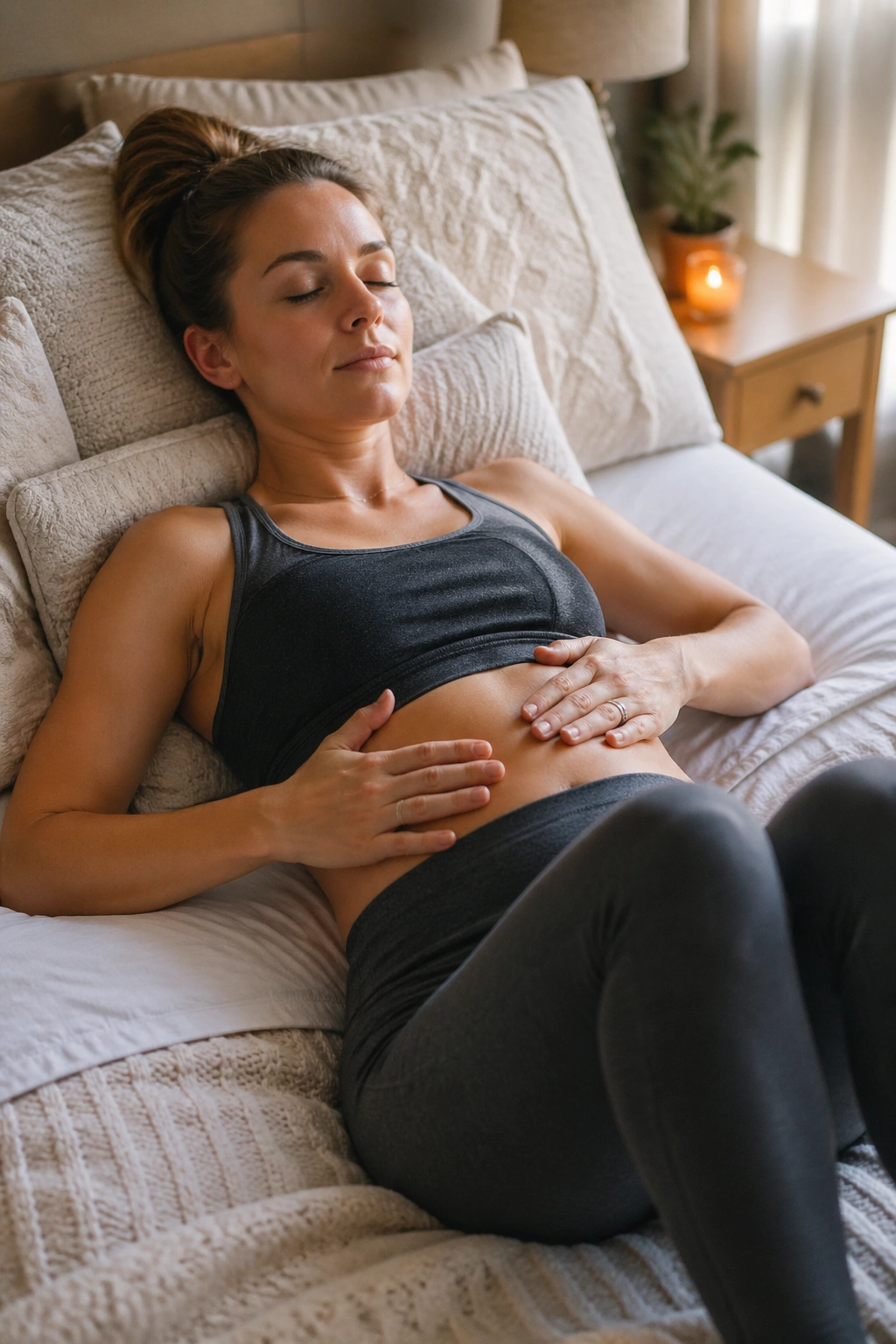 Close-up of a postpartum woman practicing diaphragmatic breathing on bed with hands on ribs and belly.