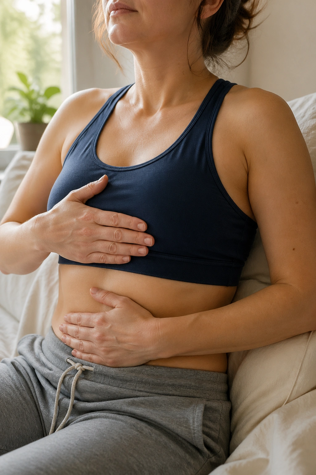 Close-up of a real person practicing diaphragmatic breathing with hands on ribs and abdomen in a cozy bedroom