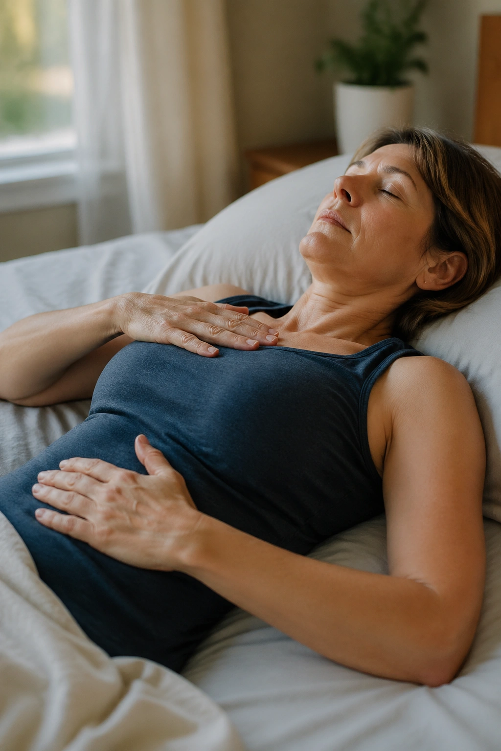 Close-up of a real person performing diaphragmatic breathing with hands on chest and abdomen.