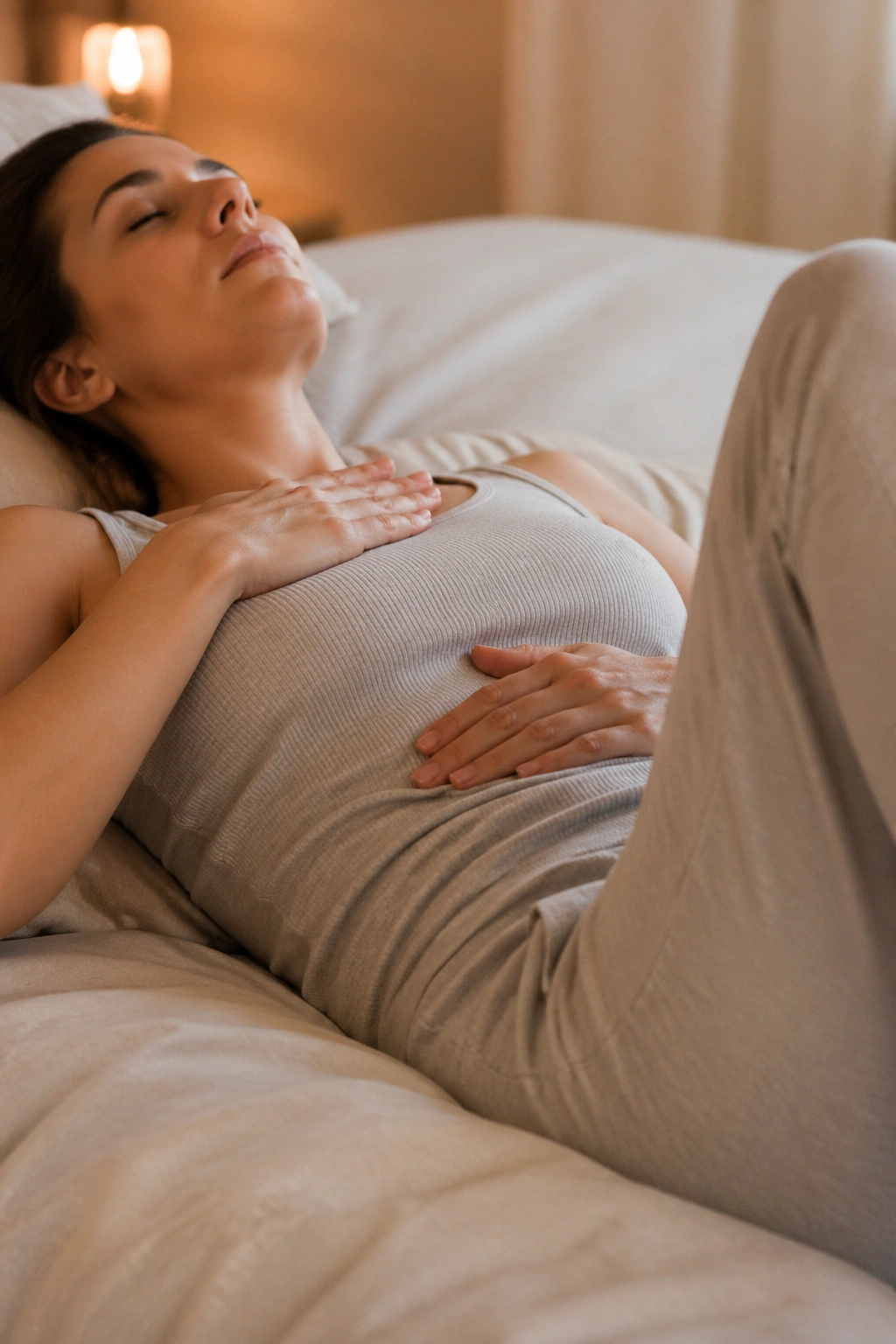 Close-up of torso during diaphragmatic breathing with chest and belly movement