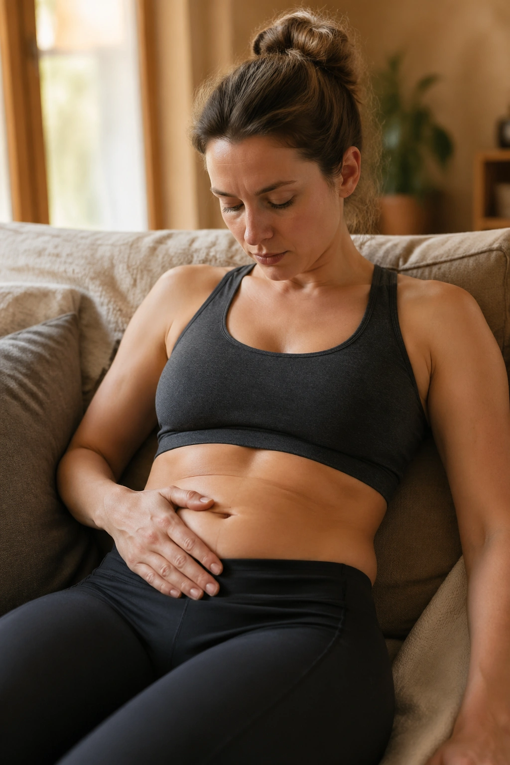 Postpartum woman observing abdominal and pelvic floor signs at home