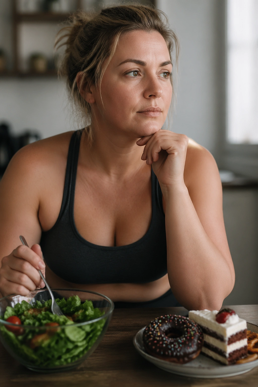 Portrait of a woman showing dieting rebound mindset with a lean torso