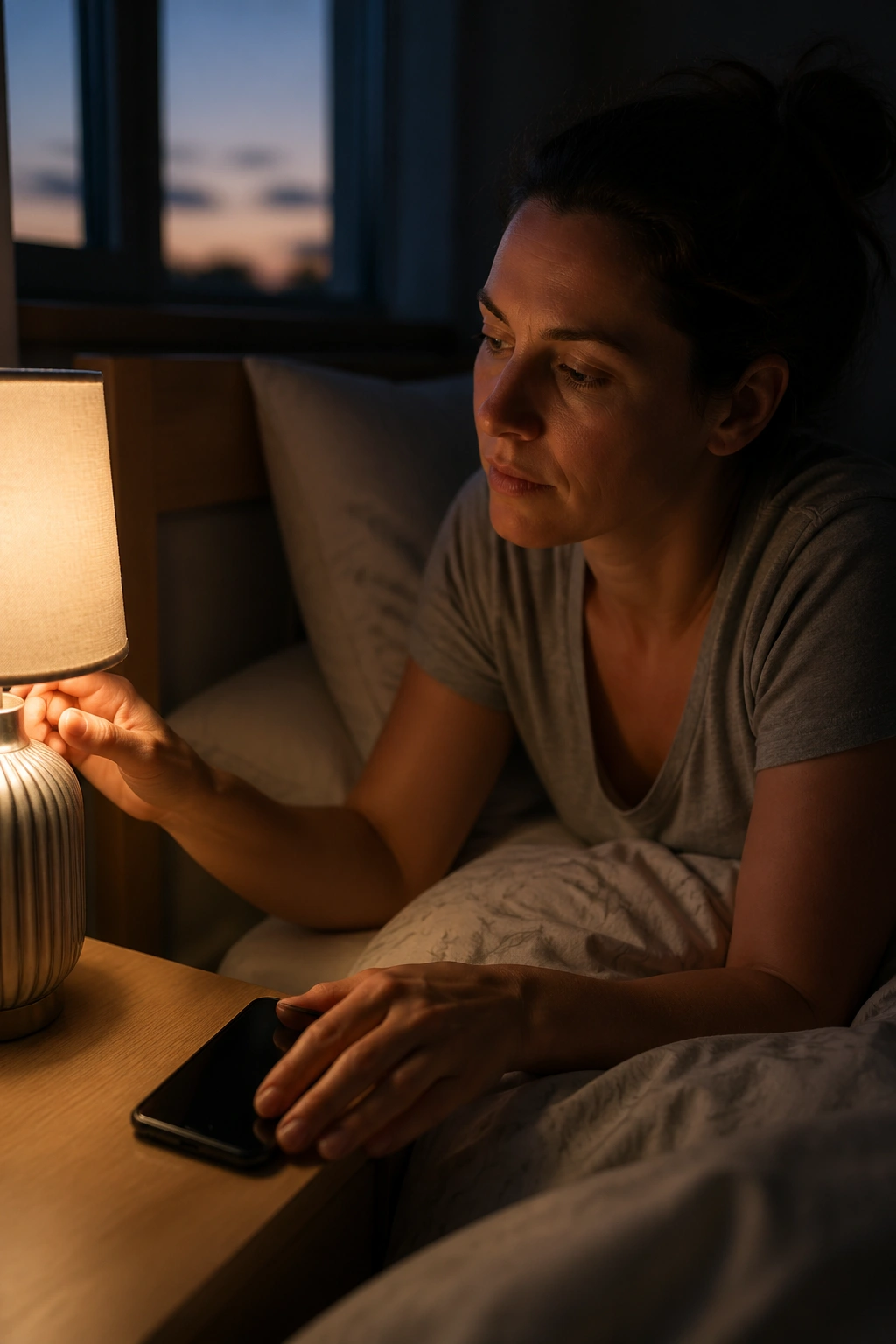 Close-up of a person dimming a lamp and turning off a phone in a cozy bedroom at dusk