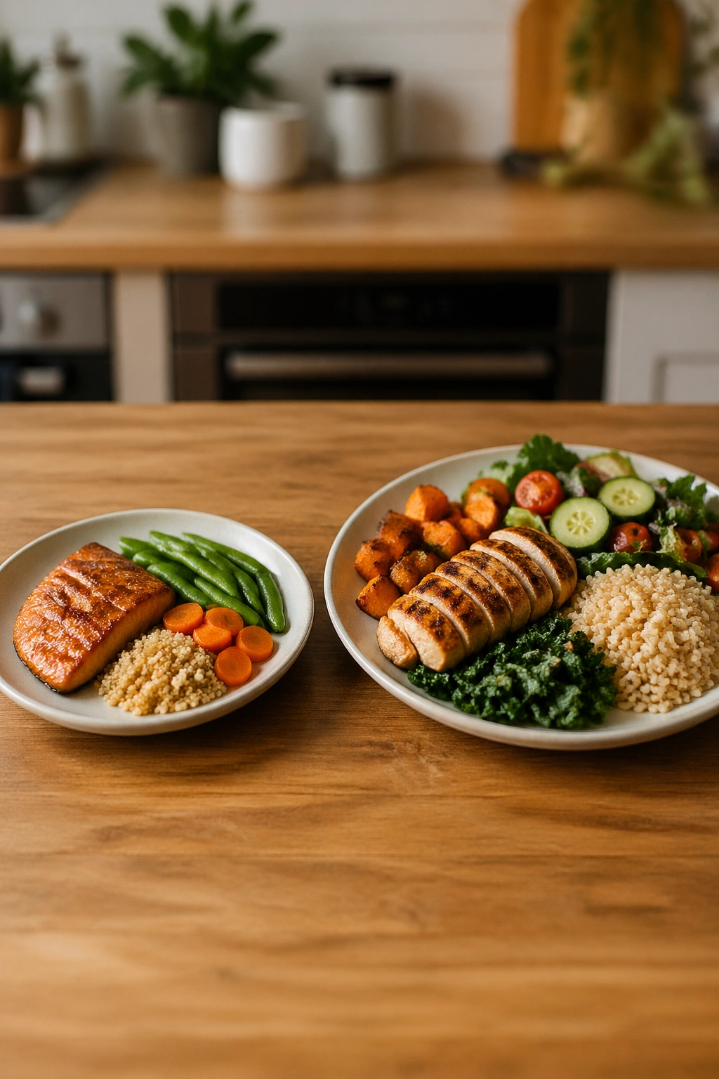 Two plates showing smaller dinner and larger lunch portions on a wooden table