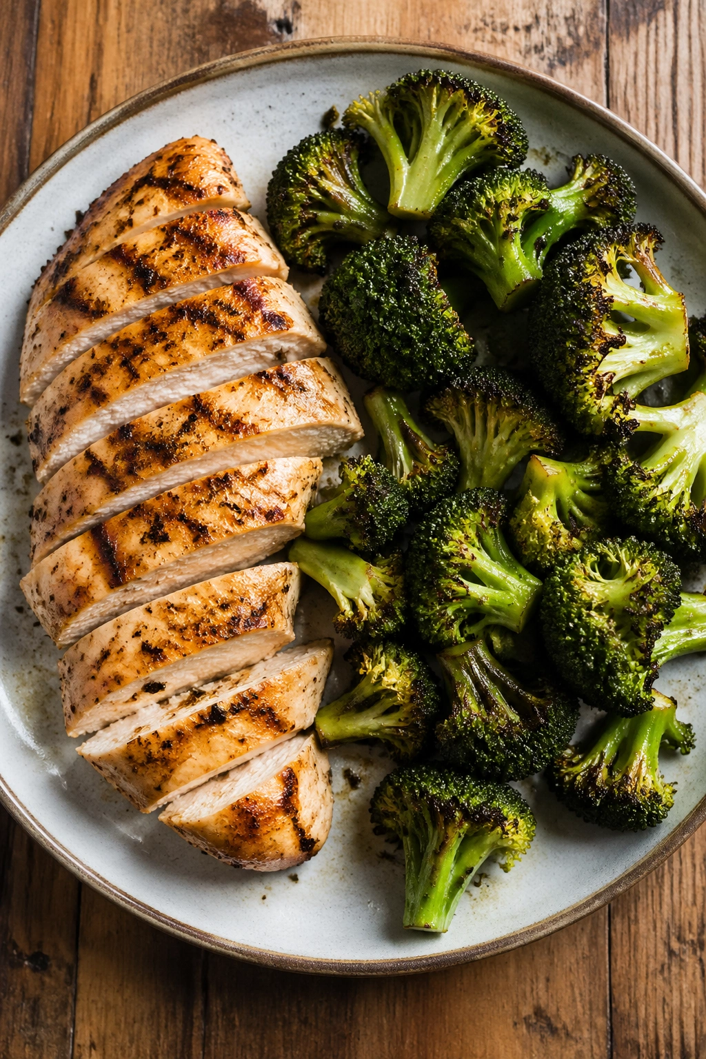 Top-down plate of chicken and broccoli, balanced dinner.