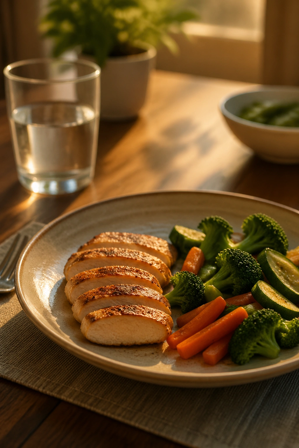 Close-up of a small dinner plate with balanced portions in early-evening light