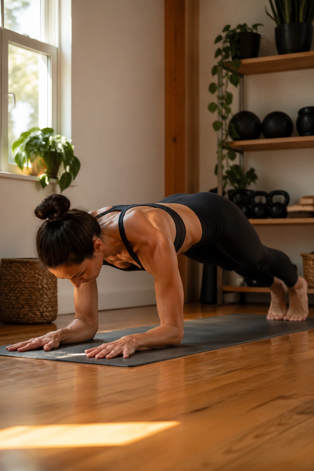 Woman in dolphin plank performing active shoulder pressure on a mat
