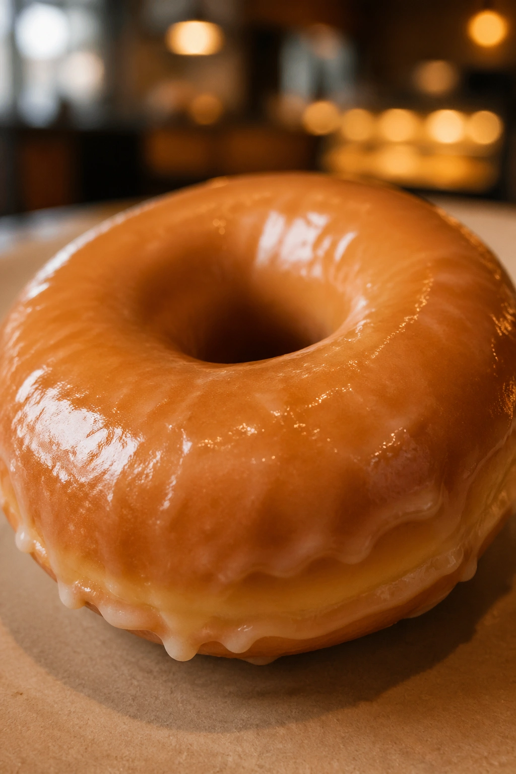 Close-up of a glazed donut with warm bakery light