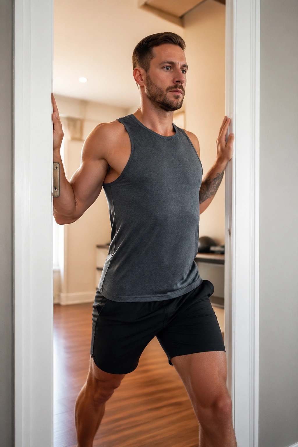 Person in doorway performing chest opener stretch