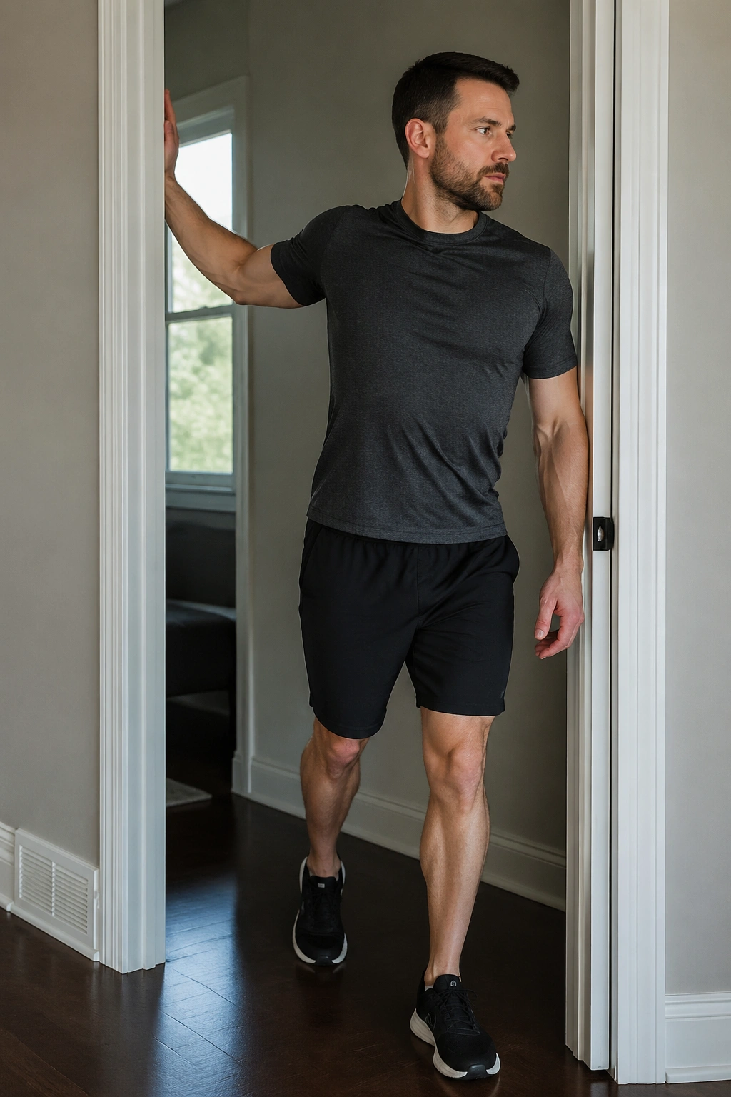 Person performing doorway pec stretch with forearm on door frame.