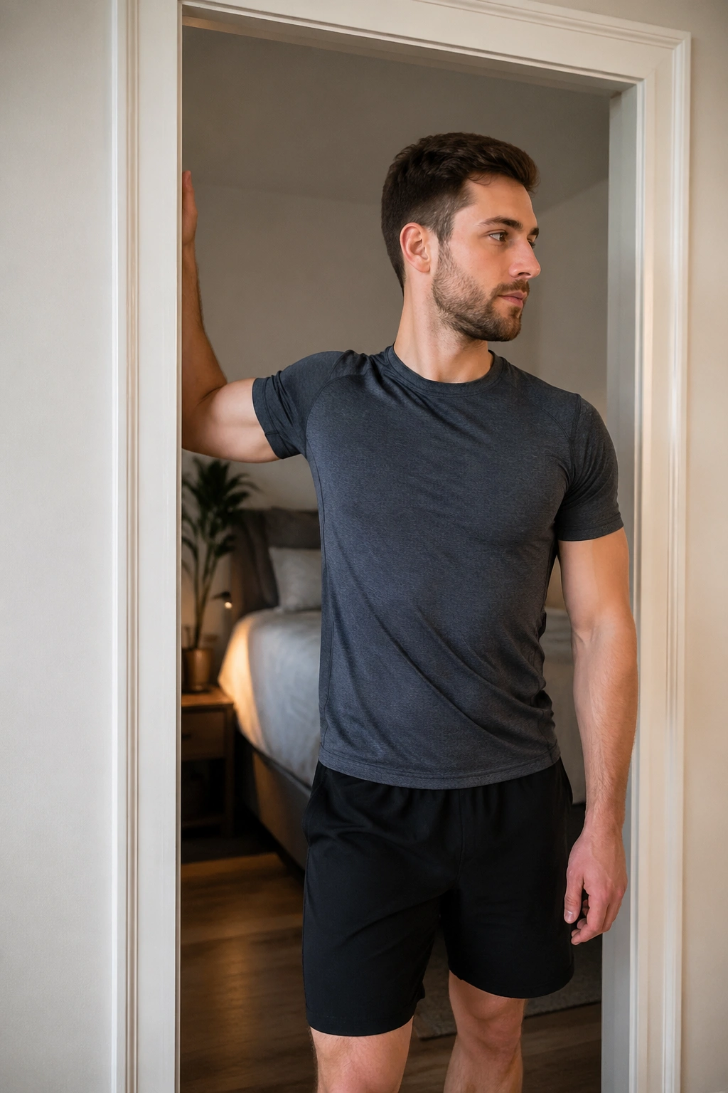 Person performing doorway pec stretch to open front shoulder