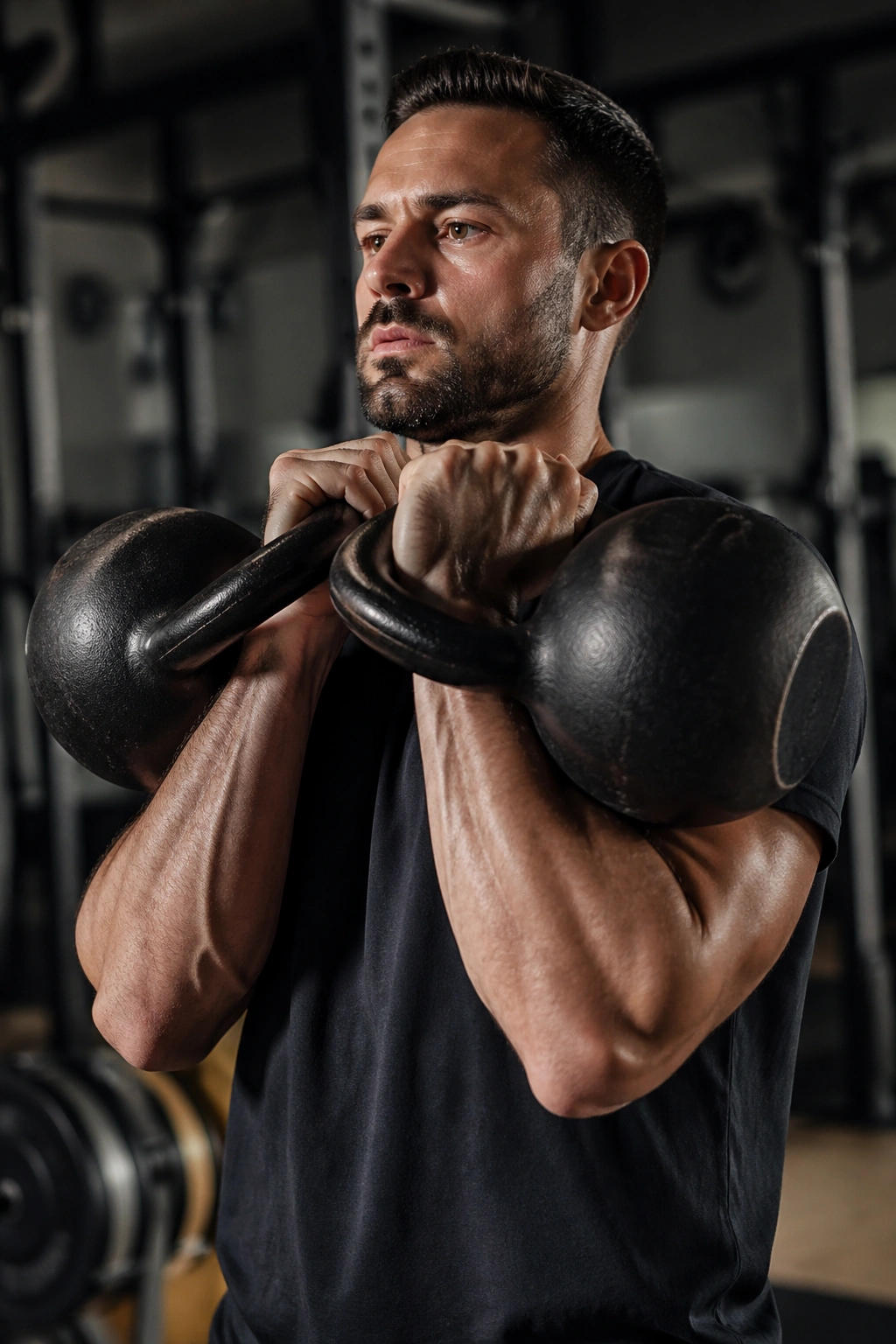Both kettlebells in double front rack position held by lifter